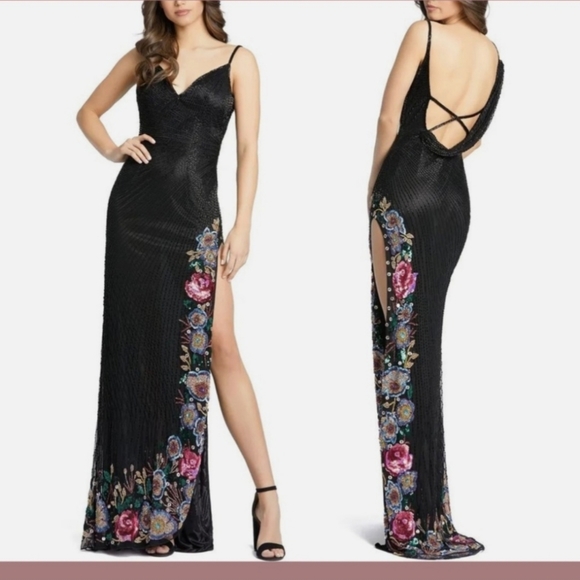 NWT Mac Duggal Evening High Slit Floral Beaded Dress - Picture 1 of 10